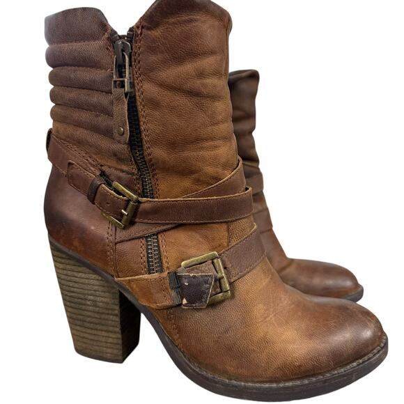 Steve Madden Raleighh Cognac Leather High Chunky Heel Boots Booties Shoes sz 8 - Picture 1 of 16